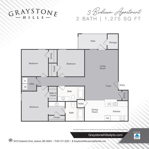 Floor plan for 3 beds, 2 baths, 1275 sqft